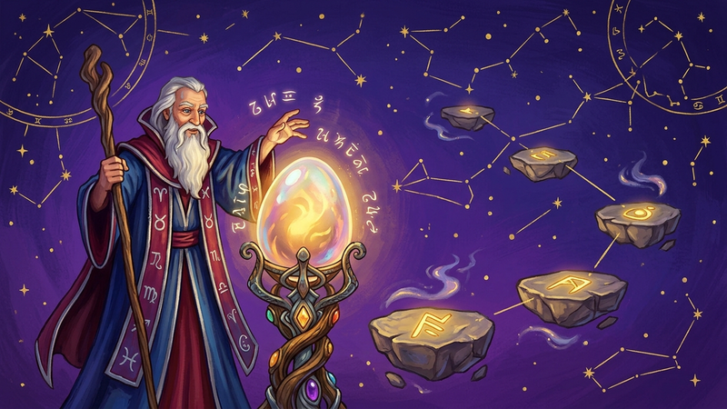 A wizard tending a glowing golden egg on an ornate stand, with four constellation-linked stone platforms floating beneath a deep royal purple sky