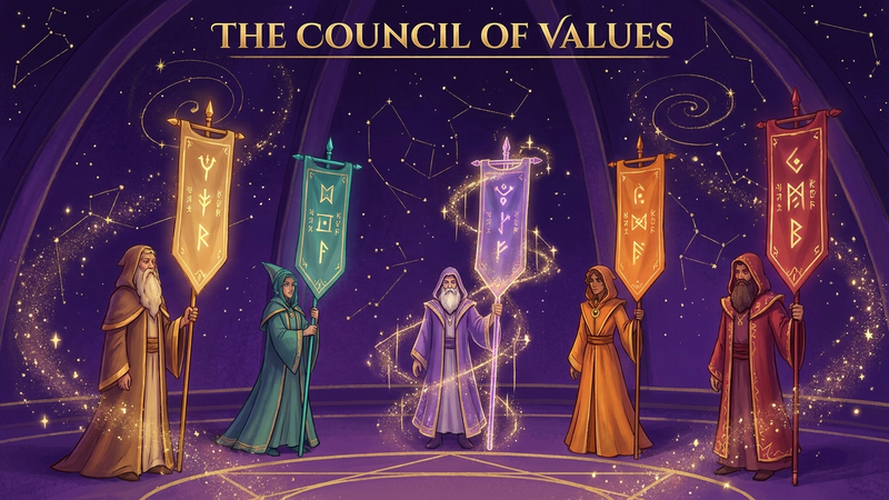 The Council of Values — five robed wizards in a starry purple chamber, each holding a banner of glowing runes