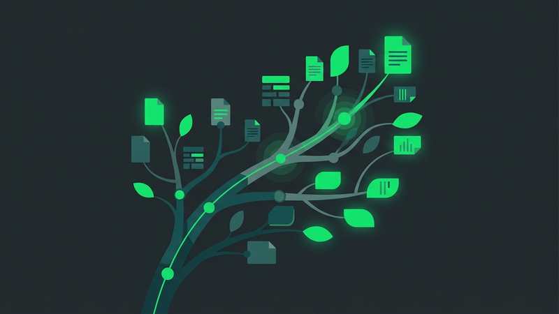 Document tree branching upward in MongoDB green — DBTA article thumbnail