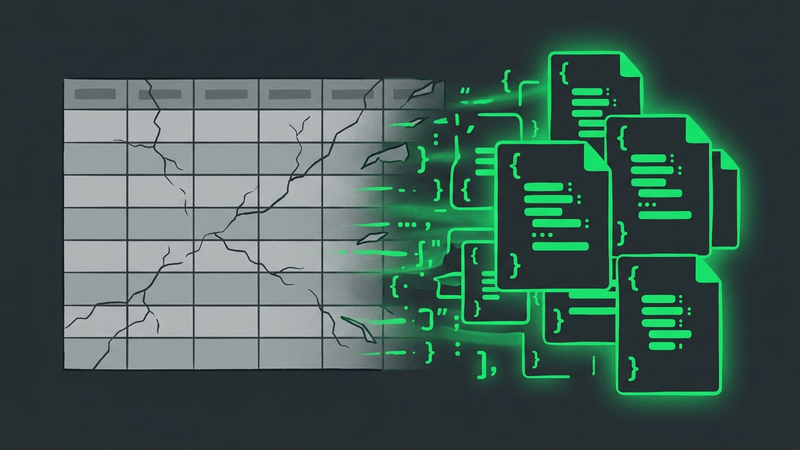 Cracking relational table giving way to glowing JSON documents — NoSQL shift illustration