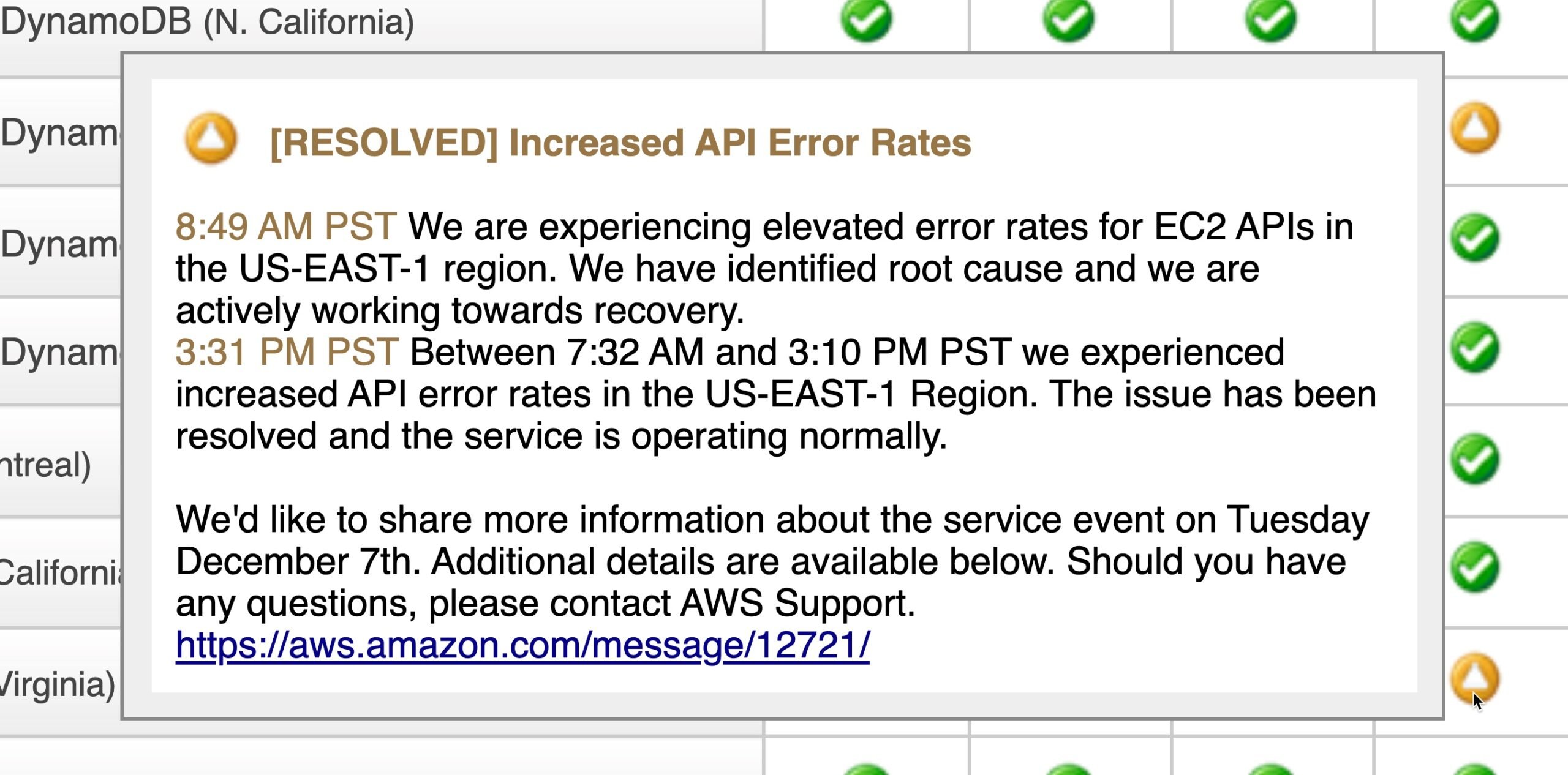 EC2 service status during Dec 7th AWS outage