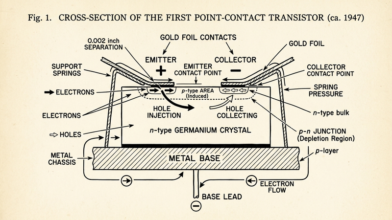 Cross-section diagram of the first point-contact transistor — germanium crystal, gold foil contacts, electron flow annotations