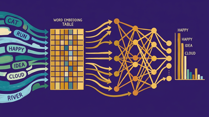 Neural network mapping words through embeddings to a probability distribution over vocabulary — gold arrows on deep purple