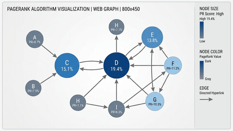 PageRank web graph — directed graph with nodes sized by PageRank score, most-linked pages shown as larger circles, directed hyperlink edges