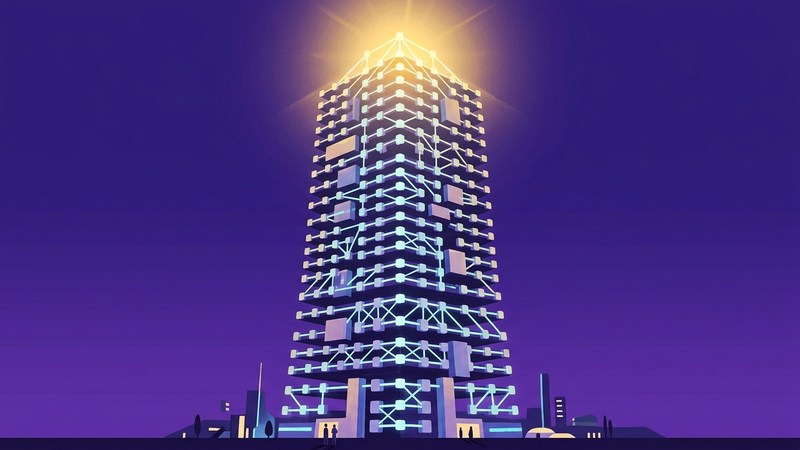 Enormous neural network stacking like a glowing skyscraper on deep purple background