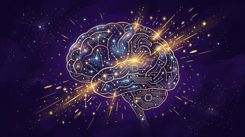 Stylized brain of constellations with golden sparks on deep purple background
