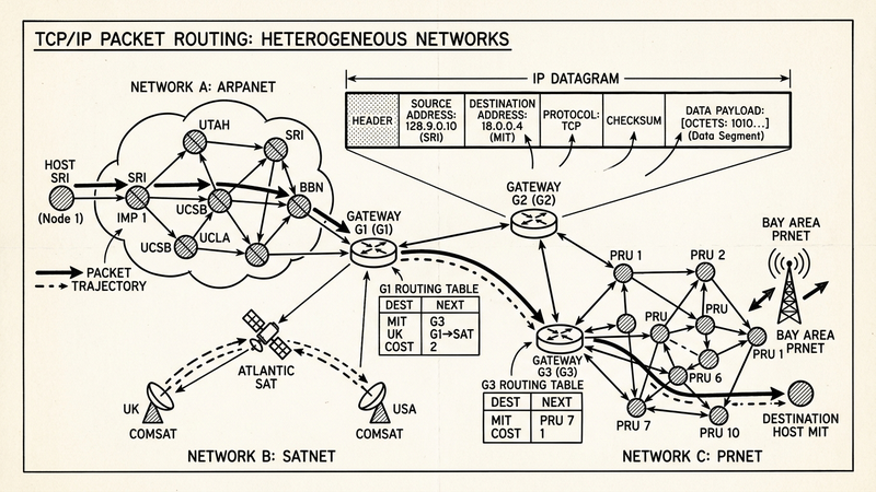 TCP/IP packet routing diagram — ARPANET, satellite network, and radio network connected through gateways, labeled data packets in transit