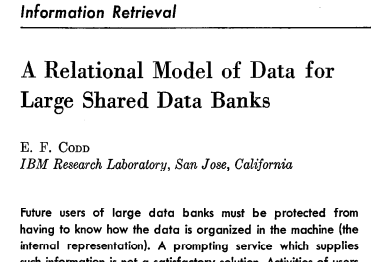 Title page of Codd's 1970 paper — 'A Relational Model of Data for Large Shared Data Banks', E. F. Codd, IBM Research Laboratory, San Jose, California