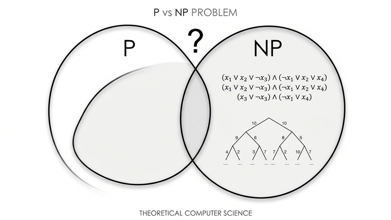 P vs NP diagram — two circles with SAT formula in NP region, decision tree, question mark between P and NP