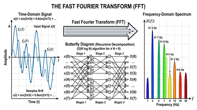 Fast Fourier Transform diagram — time-domain signal transforming to frequency-domain spectrum via butterfly diagram showing O(n log n) decomposition