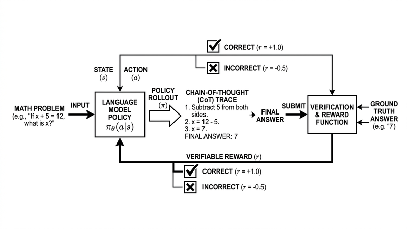 DeepSeek-R1 RL loop: math problem → LM policy → CoT trace → reward signal