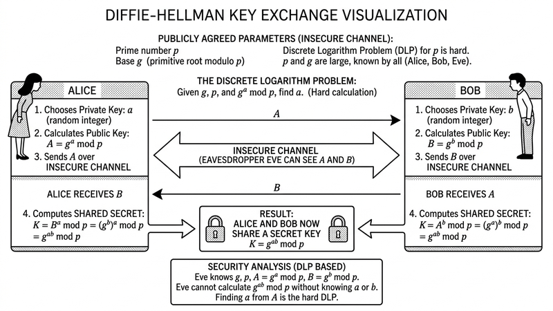 Diffie-Hellman key exchange diagram — Alice and Bob exchanging public values over an insecure channel, Eve watching, shared secret emerging from modular exponentiation