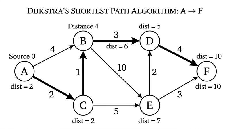 Dijkstra's shortest path algorithm — weighted directed graph with nodes A through F, optimal path highlighted with distance labels