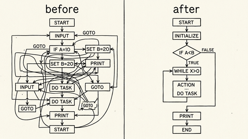 Before/after split: tangled GOTO spaghetti flowchart on left vs. clean structured programming flowchart on right