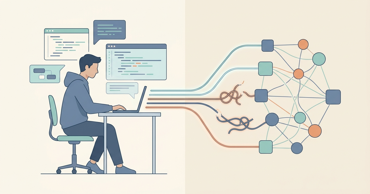 Editorial illustration of a developer building software with an AI/LLM, some connection lines clean and some frayed