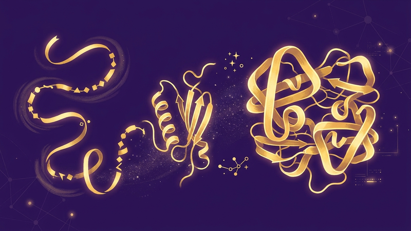 Protein chain folding into a 3D structure — gold ribbons and helices on deep purple background