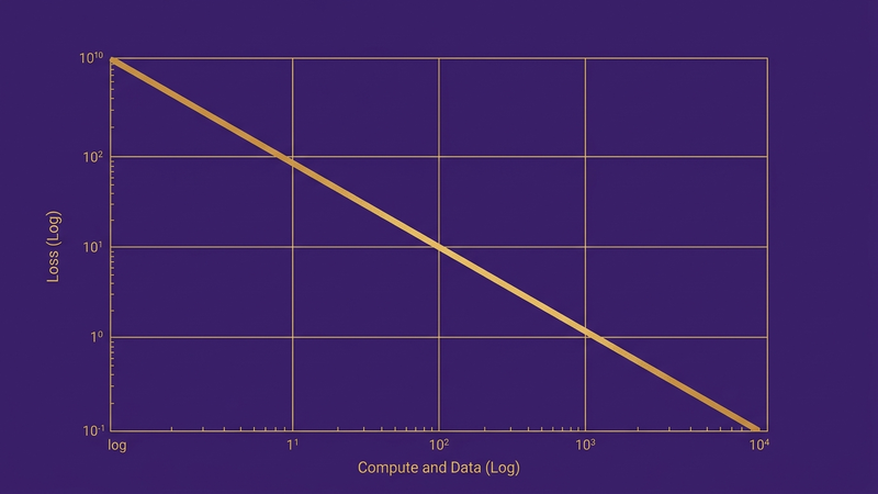Log-log graph with power-law curve — loss falling as compute and data grow, gold on purple background