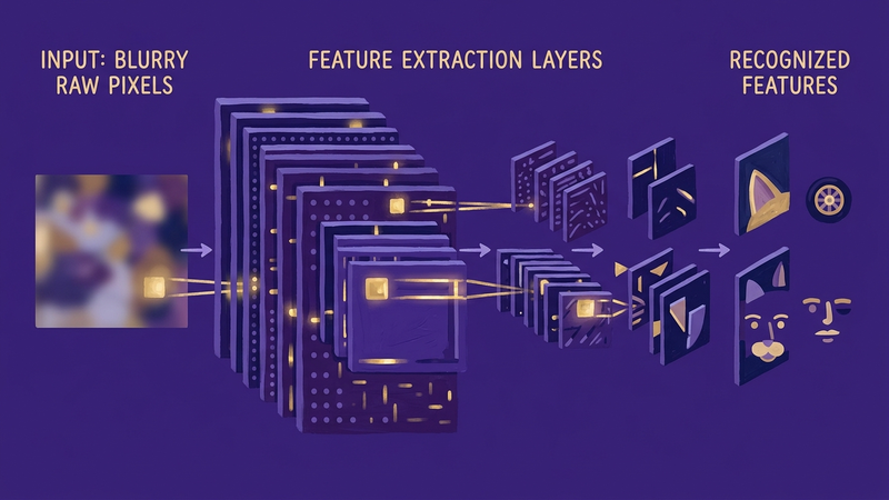 Deep convolutional layers transforming raw pixels into recognized features — gold activation maps on deep purple background