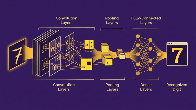 Convolutional neural network reading a handwritten '7' through pooling layers to digit recognition — gold on deep purple