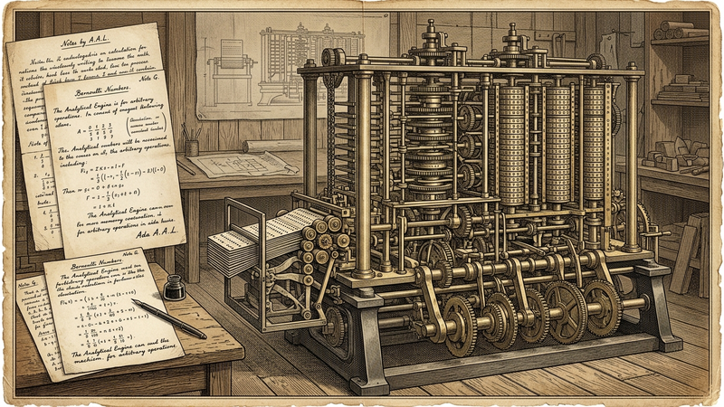 Victorian engraving of Babbage's Analytical Engine with brass gears and punch card readers, Ada Lovelace's algorithm notes beside it