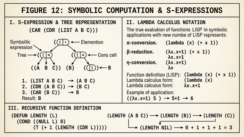 LISP S-expressions and recursive function definitions — nested parentheses, lambda calculus notation, 1960s CS textbook style