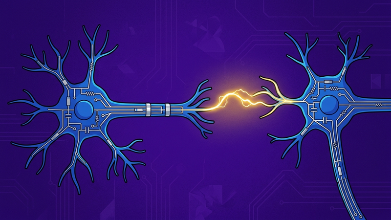 Stylized biological neuron as circuit diagram — gold electrical signal arcing across a synapse, deep purple background