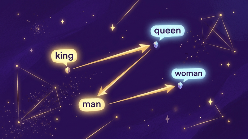 Word vectors in semantic space — king, queen, man, woman with golden arithmetic arrows on deep purple background