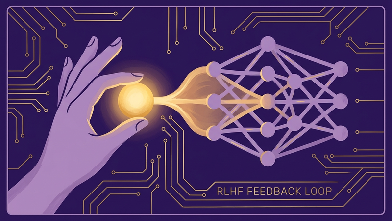 Human hand holding glowing reward signal feeding into a neural network — RLHF concept