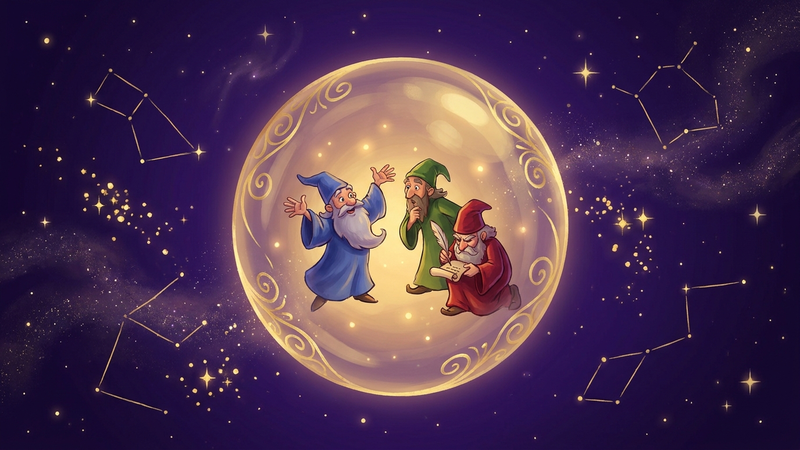 A glowing magical ward protecting three wizards in candid discussion under a starry purple sky