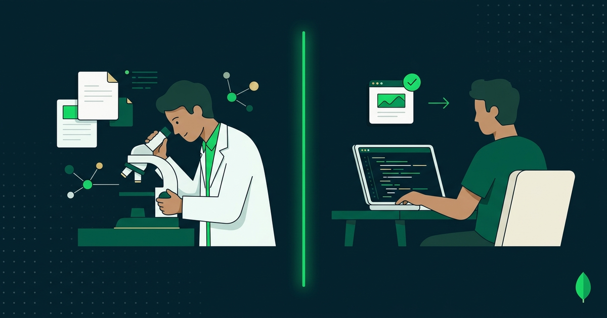 Flat illustration in MongoDB style — scientist with microscope on the left (Research), engineer coding at a laptop on the right (Development), separated by a green divider
