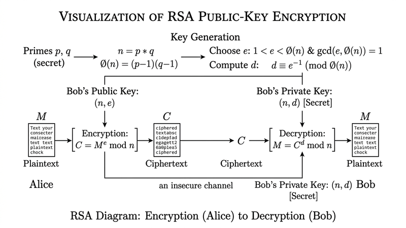 RSA public-key encryption diagram — key generation, Alice encrypting with Bob's public key, Bob decrypting with private key, C=M^e mod n and M=C^d mod n