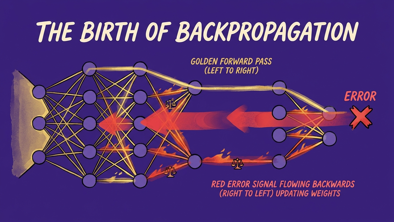 Error signal flowing backwards through neural network layers — gold forward pass, red gradient returning, deep purple background
