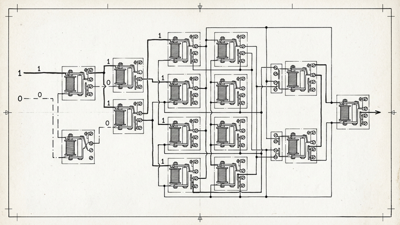 1930s relay circuit schematic — Boolean logic gates connected in a switching network with binary signals
