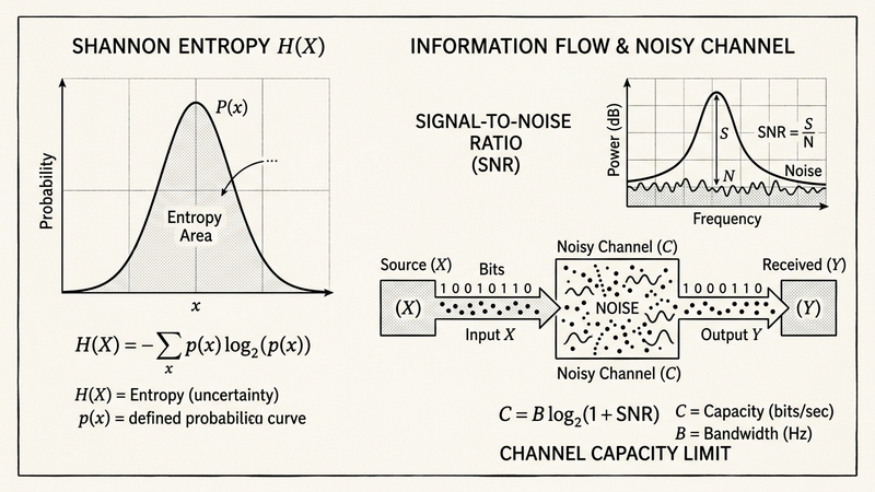 Shannon entropy diagram — H(X) probability distribution, bits flowing through a noisy channel, and channel capacity formula