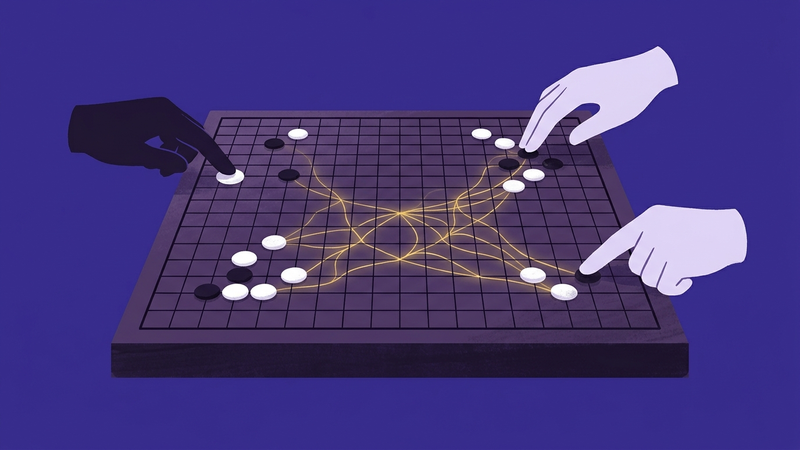 Go board with black and white stones, neural network connections glowing beneath the surface on deep purple background