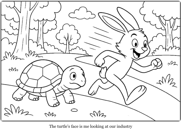 Tortoise and hare — the turtle's face is me looking at our industry