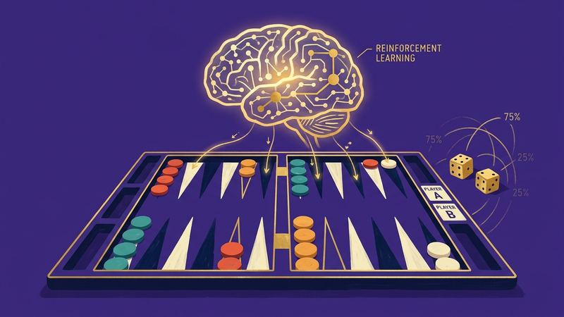 Backgammon board mid-game with a neural network planning above, gold dice on deep purple background