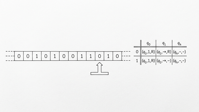 Turing Machine diagram — an infinite tape with 0s and 1s, read/write head, and finite state table