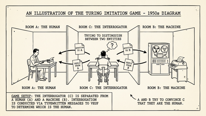 Diagram of the Turing Imitation Game — three rooms with human (A), machine (B), and interrogator (C) exchanging typewritten messages