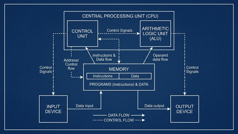 Von Neumann architecture blueprint — CPU, ALU, Control Unit, Memory, Input and Output connected by data and control flow arrows on navy background