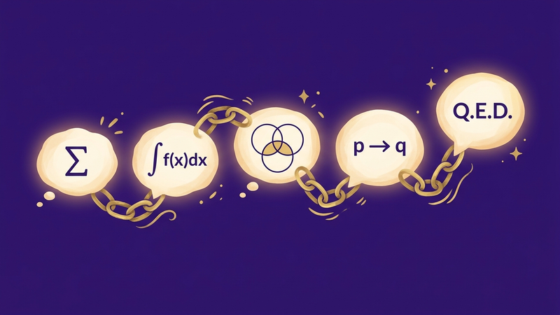 Chain of glowing thought bubbles linked step-by-step on deep purple background